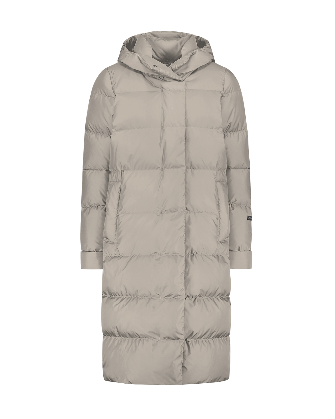 A beige, long, straight-cut Ulrika down coat (color: cappuccino) with a hood, horizontal quilting, and a concealed front zipper. The sleeves have wide cuffs, and there are discreet pockets on the sides.