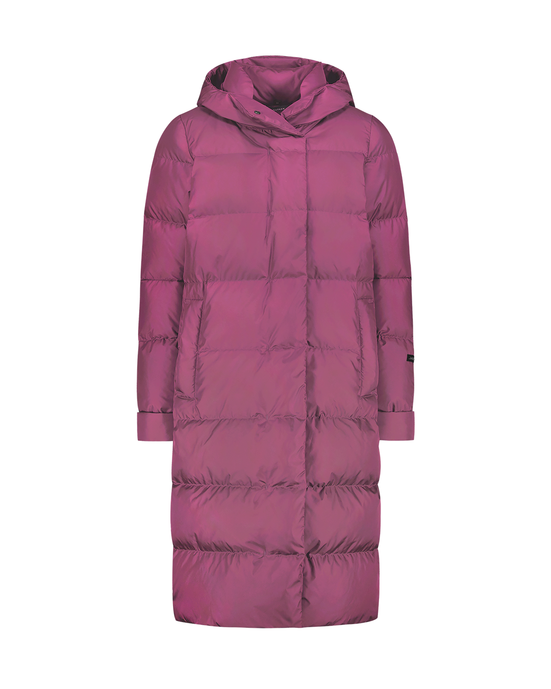 A fuchsia pink, long, straight-cut Ulrika down coat (color: peony) with a hood, horizontal quilting, and a concealed front zipper. The sleeves have wide cuffs, and there are discreet pockets on the sides.