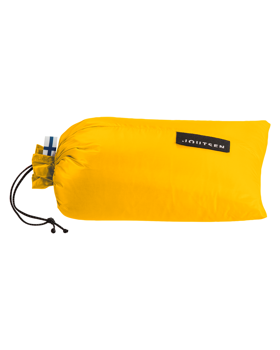 The yellow Kulkuri down blanket (color: Tuscan Sun) is packed in a matching storage bag.