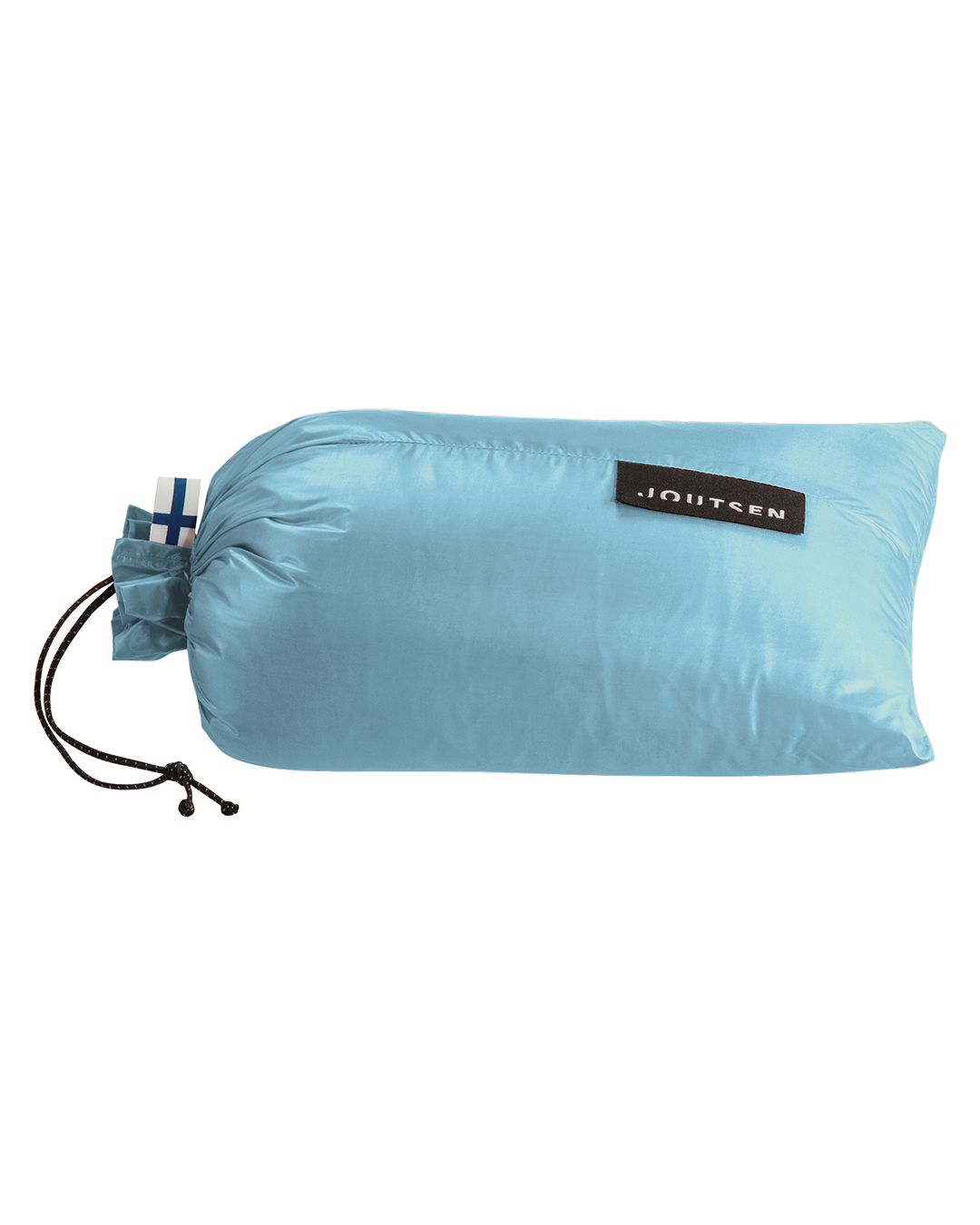 The ice blue Kulkuri down blanket is packed in a matching storage bag.
