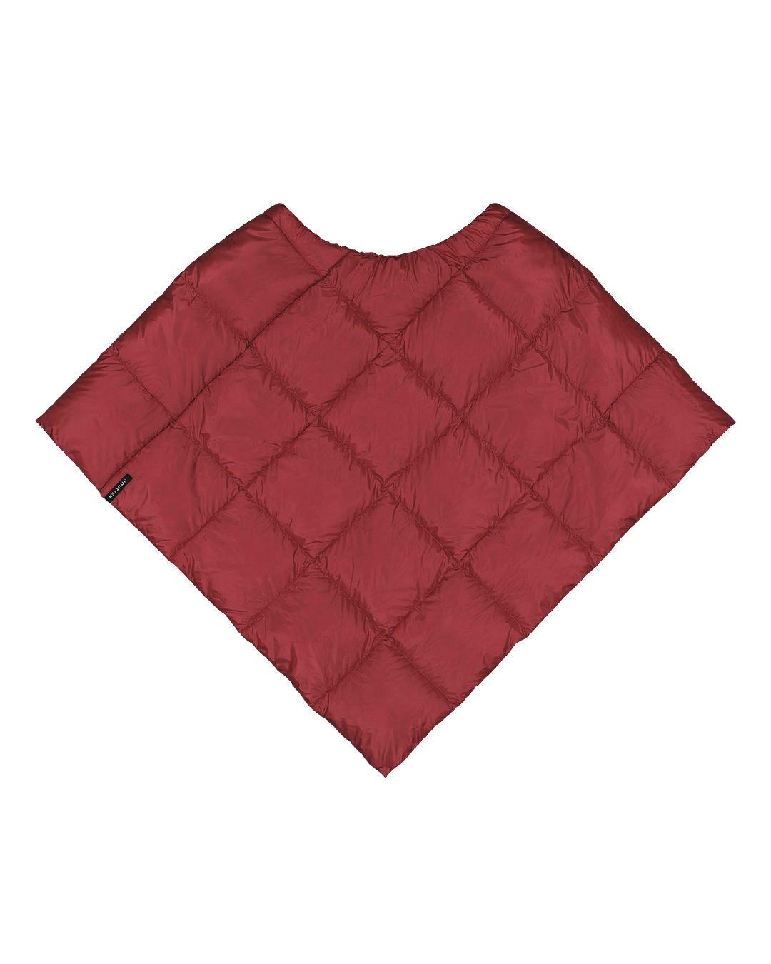 Wine red (color: Salsa), diamond-quilted Unelma down poncho. The poncho has a round neckline and flares out from the shoulders downwards, creating an angular silhouette. A small black brand label is located on the left edge.