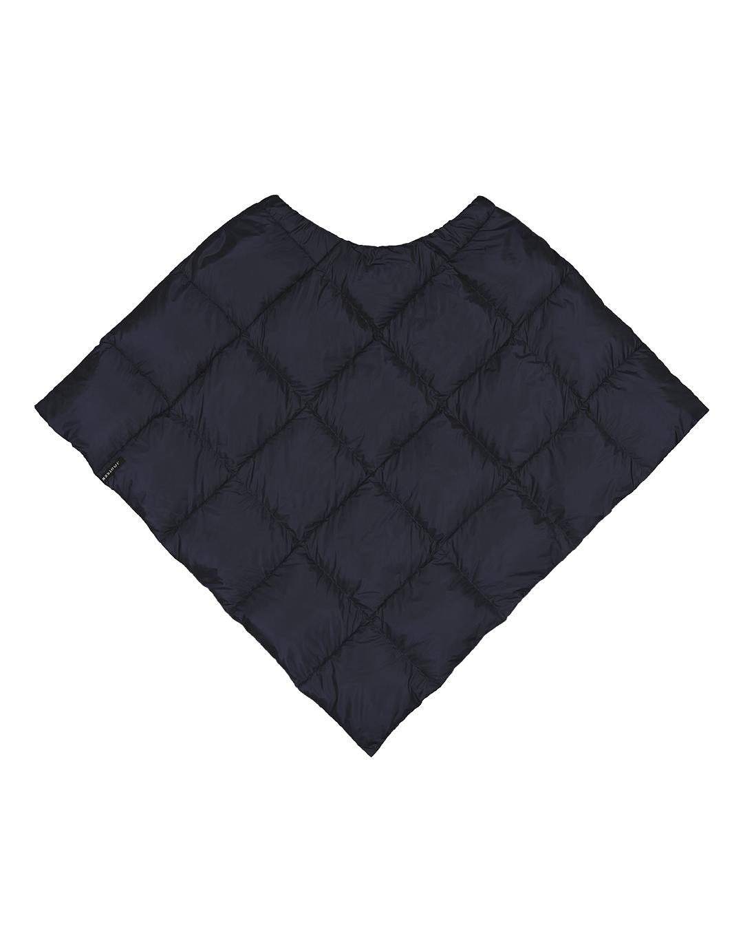 Dark blue (color: Night sky), diamond-quilted Unelma down poncho. The poncho has a round neckline and flares out from the shoulders downwards, creating an angular silhouette. A small black brand label is located on the left edge.