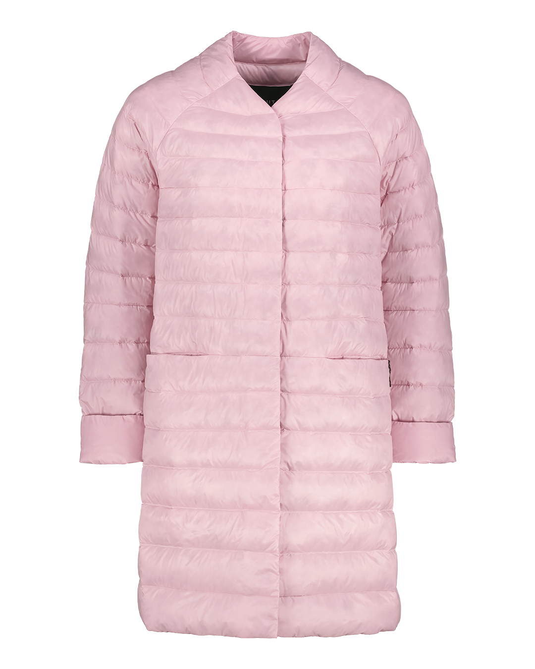 A light pink, longer Vuokko light down jacket (color: strawberry mousse) with horizontal quilting, long sleeves, and a low stand-up collar. Discreet snap fasteners at the front.