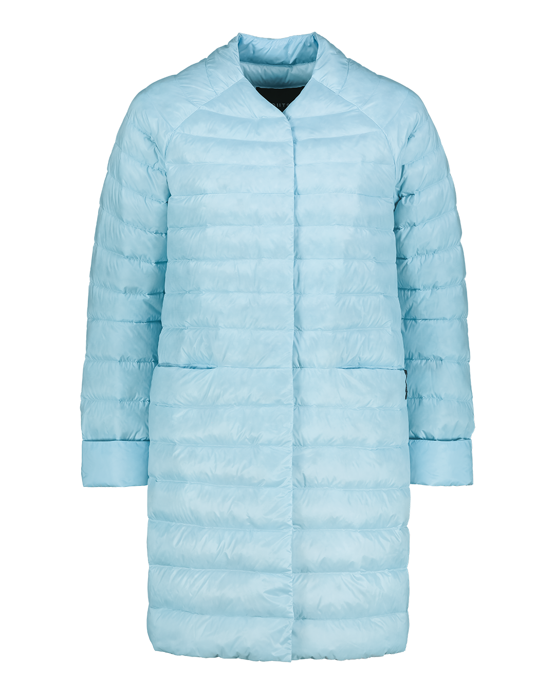 Light blue, longer Vuokko light down jacket (color: Frozen candy) with horizontal quilting, long sleeves, and a low stand-up collar. Discreet snap fastener at the front.