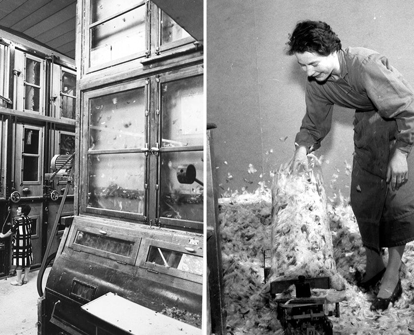 Two black and white images: one of a vintage wooden cabinet with glass doors, and another of a person working with a machine.