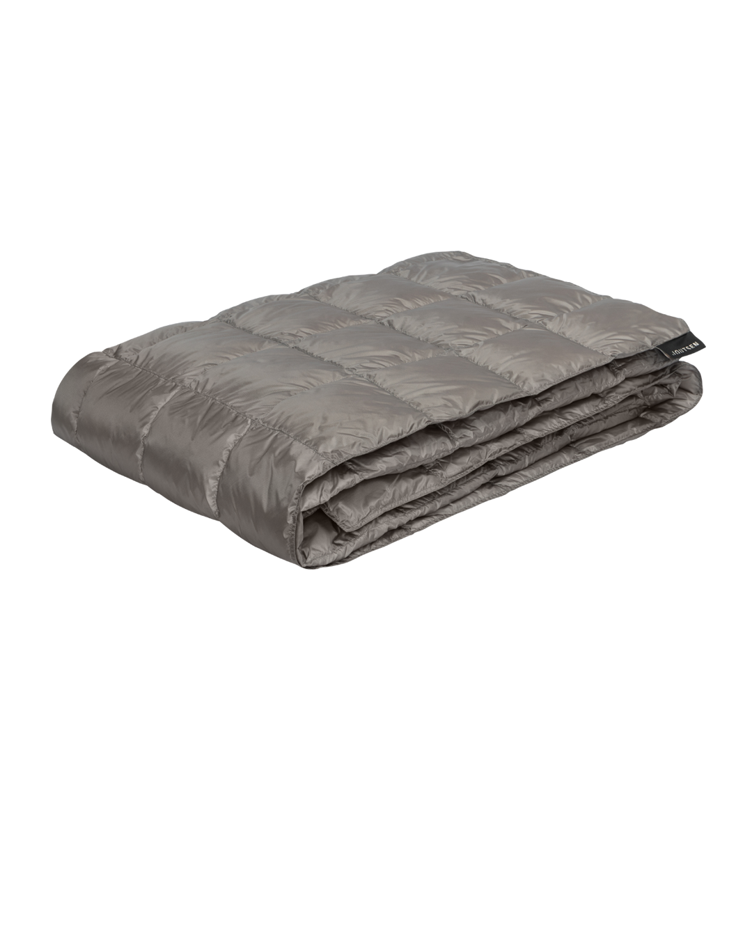 The grey Kulkuri down blanket (color: Twilight grey) is neatly folded, and its surface is decorated with stitched square quilting patterns.