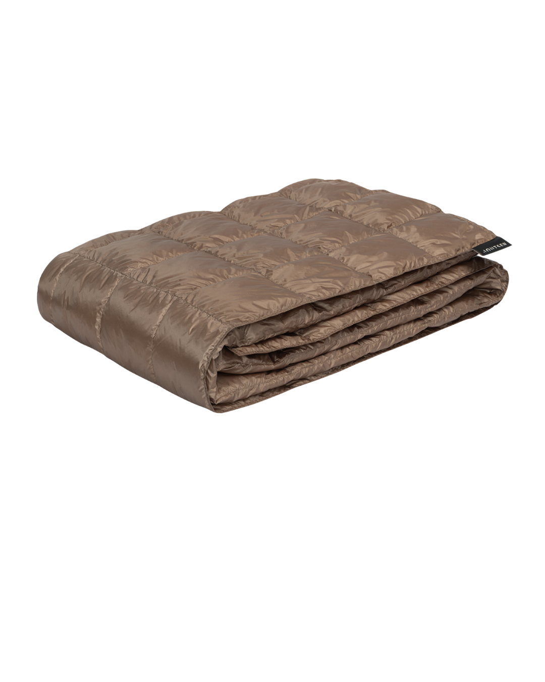 The brown Kulkuri down blanket (color: Hazelnut) is neatly folded, and its surface is decorated with stitched square quilting patterns.