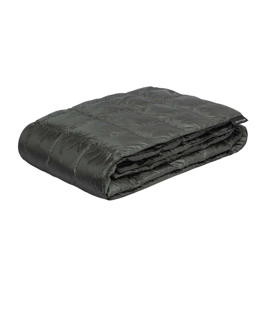 The dark green Kulkuri down blanket (color: Olive) is neatly folded, and its surface is decorated with stitched square quilting patterns.