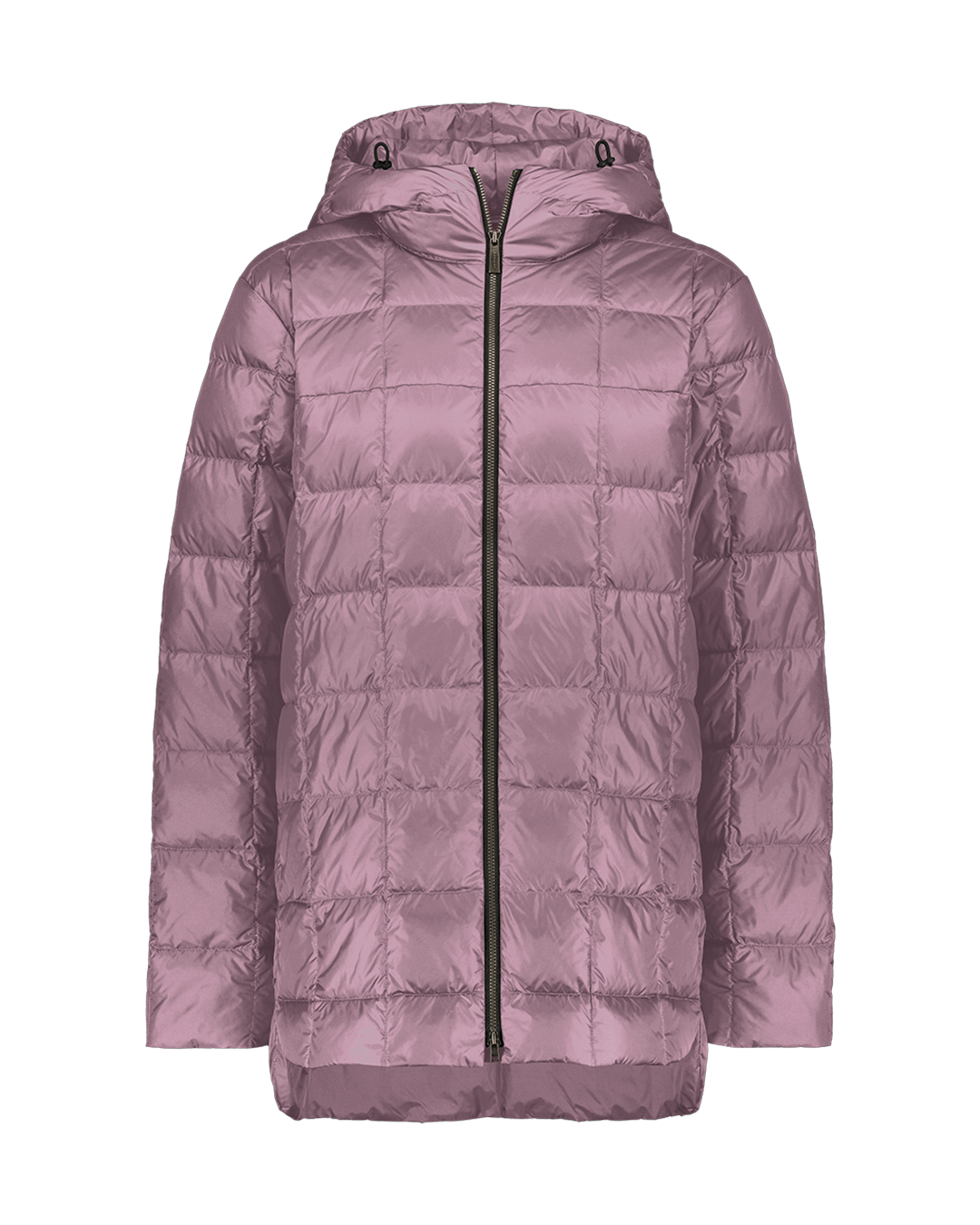 Light purple (color: Dusky Orchid) Tulppaani light down coat for women with square quilting, a zipper closure, and a hood with drawstrings. 