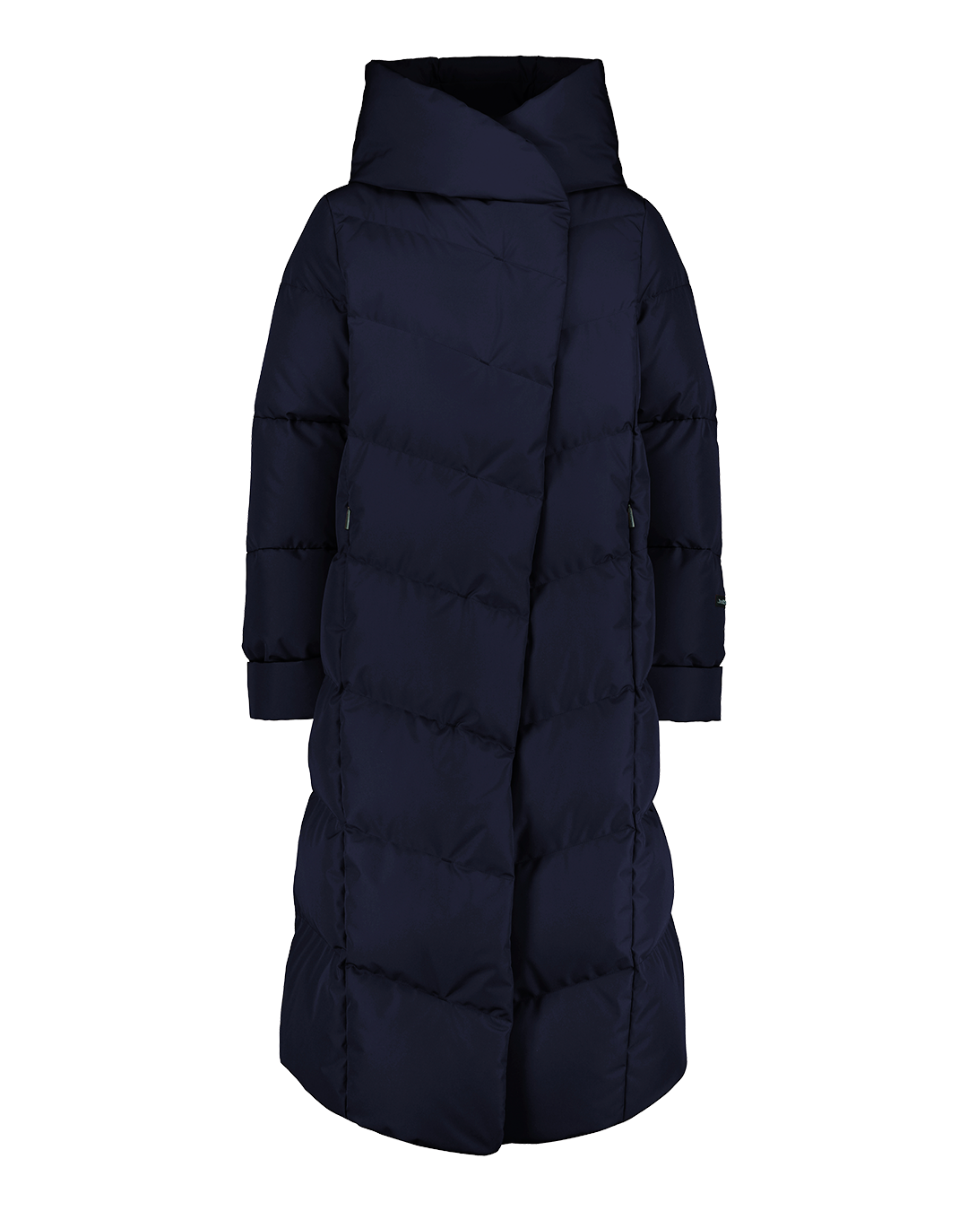 A blue (color: Crowberry) Aino down coat is a long women’s coat with wide, diagonal horizontal quilting and a large fixed hood. The hem is longer in the front, and the sleeves can be turned up.