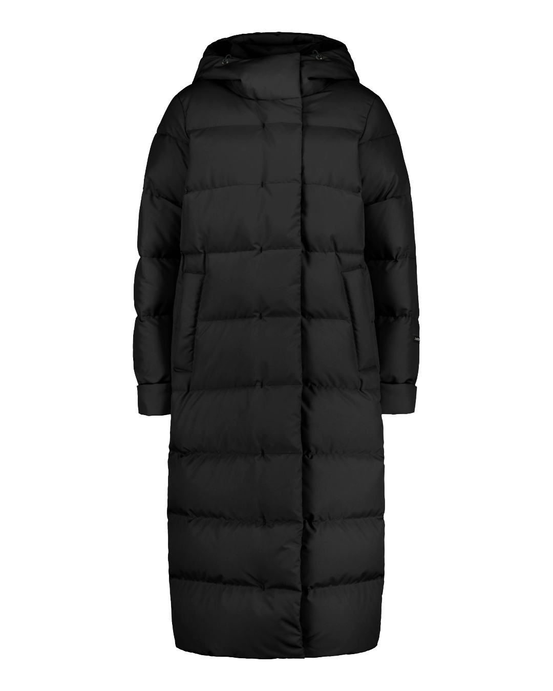 Black (color: Black Bird) Blenda down coat with square quilting, a long ankle-length design, and an attached hood. The coat features a concealed front zipper with a clean, minimal look.