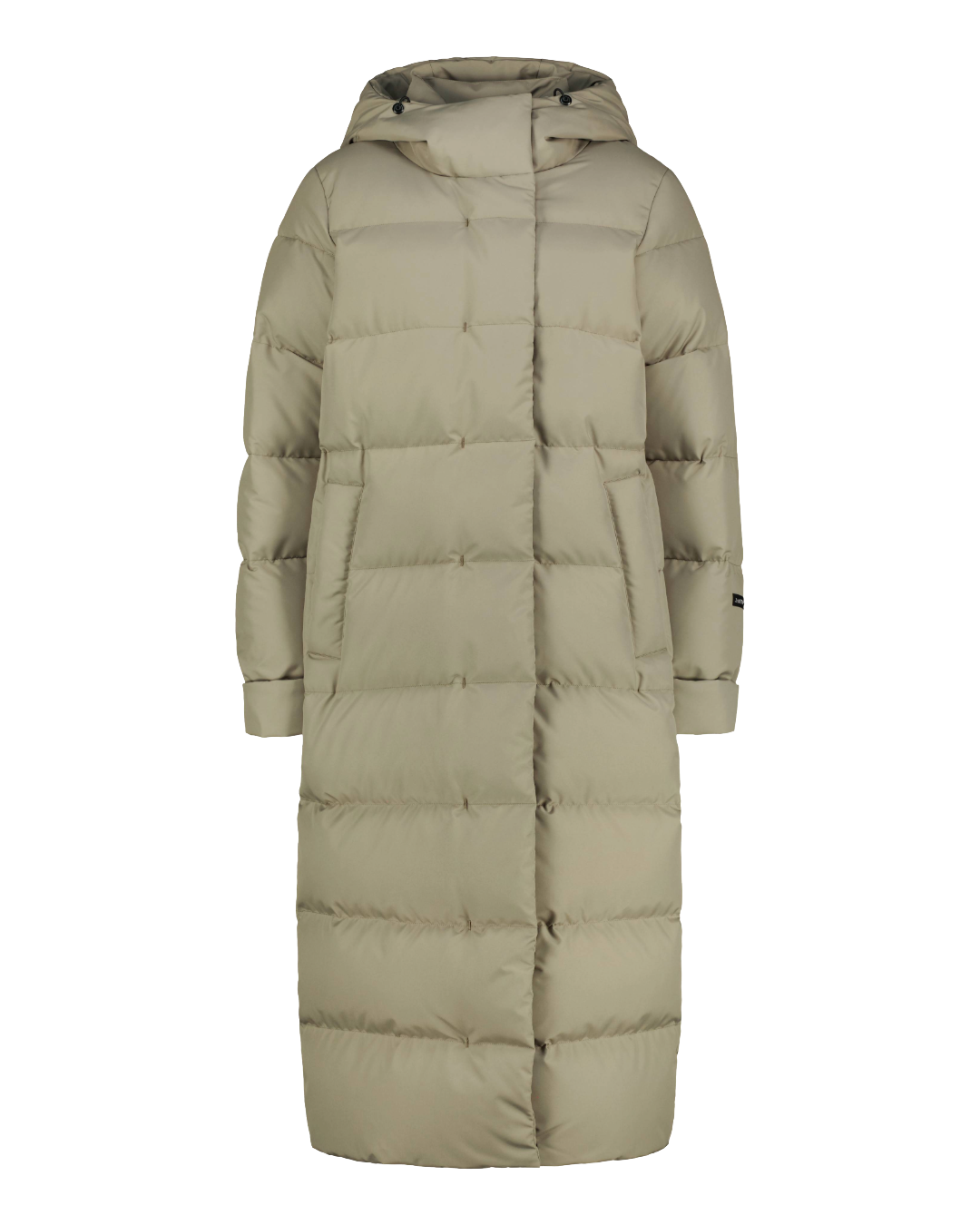 A light (color: Cappuccino) Blenda down coat with square quilting, a long ankle-length design, and an attached hood. The coat features a concealed front zipper with a clean, minimal look.