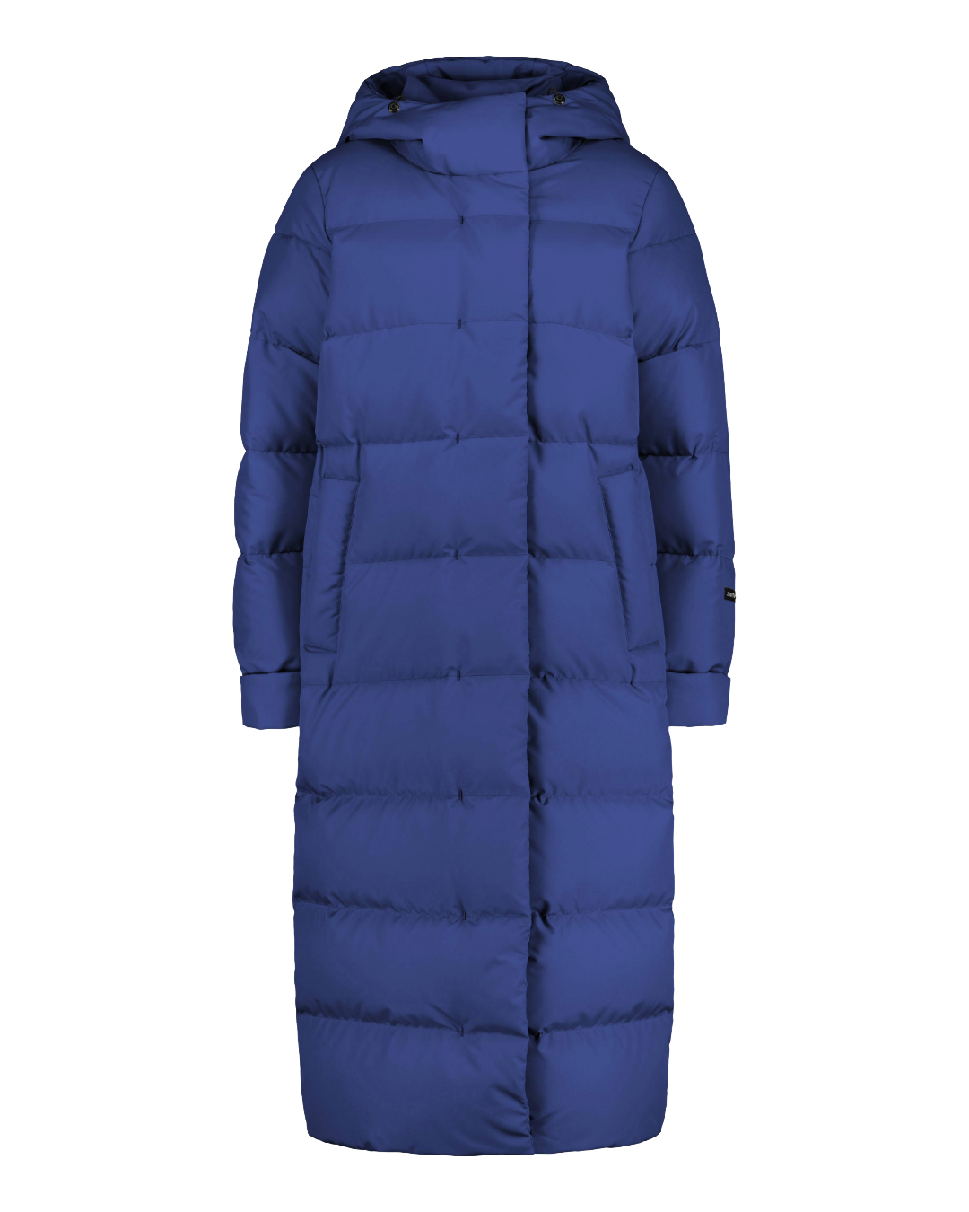 Blue (color: Indigo) Blenda down coat with square quilting, a long ankle-length design, and an attached hood. The coat features a concealed front zipper with a clean, minimal look.