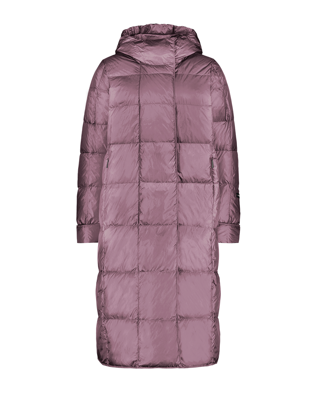 Light pink (color: Dusky orchid) long Essi light down coat for women with straight square quilting, a hood, and long sleeves. Features a discreet front zipper and side pockets.