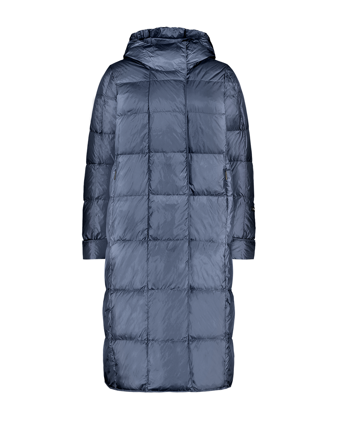 Blue (color: Storm) long Essi light down coat for women with straight square quilting, a hood, and long sleeves. Features a discreet front zipper and side pockets.
