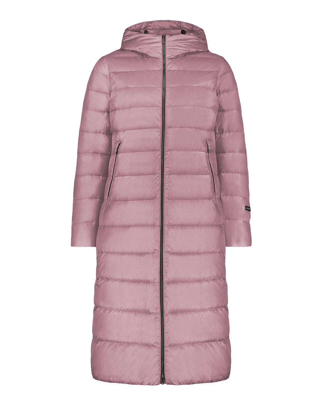 Long, quilted Hanne light down coat for women with a hood and a full-length front zipper. The coat has zippered side pockets and smooth sleeves without visible details. The color is light pink (color: Wildflower).