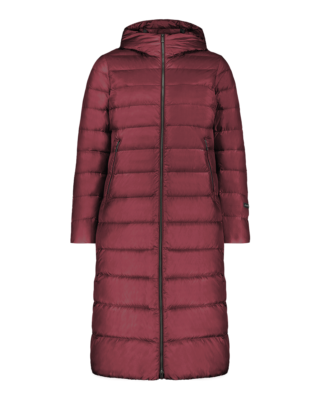 Long, quilted Hanne light down coat for women with a hood and a full-length front zipper. The coat has zippered side pockets and smooth sleeves without visible details. The color is burgundy (red wine).