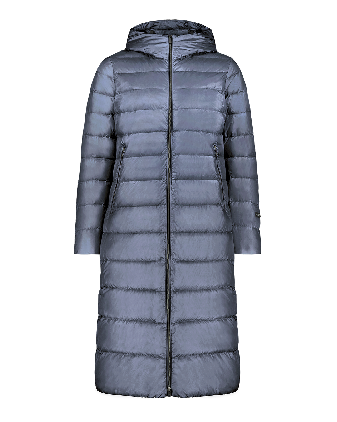Long, quilted Hanne light down coat for women with a hood and a full-length front zipper. The coat has zippered side pockets and smooth sleeves without visible details. The color is medium blue (color: Storm).