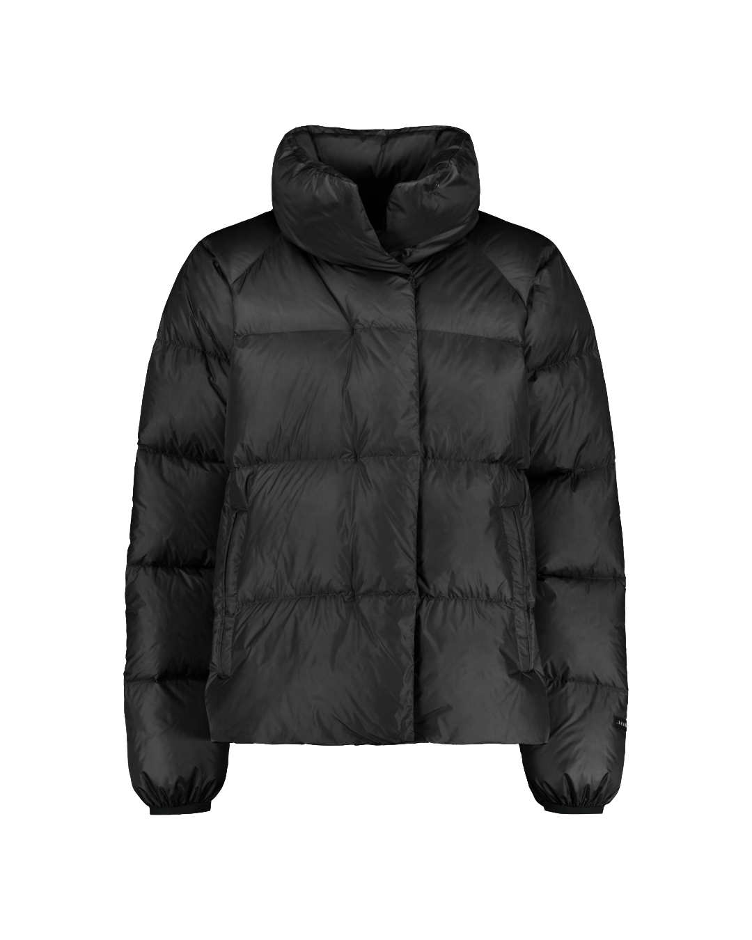 Black Hildur down coat is a short model with wide horizontal quilting, a high collar, and a front zipper hidden under a placket.