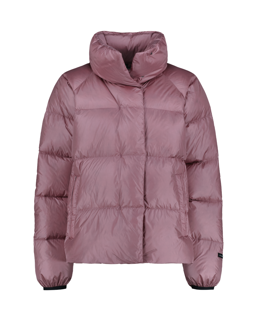 Pink (color: Dusky Orchid) Hildur down coat is a short model with wide horizontal quilting, a high collar, and a front zipper hidden under a placket.