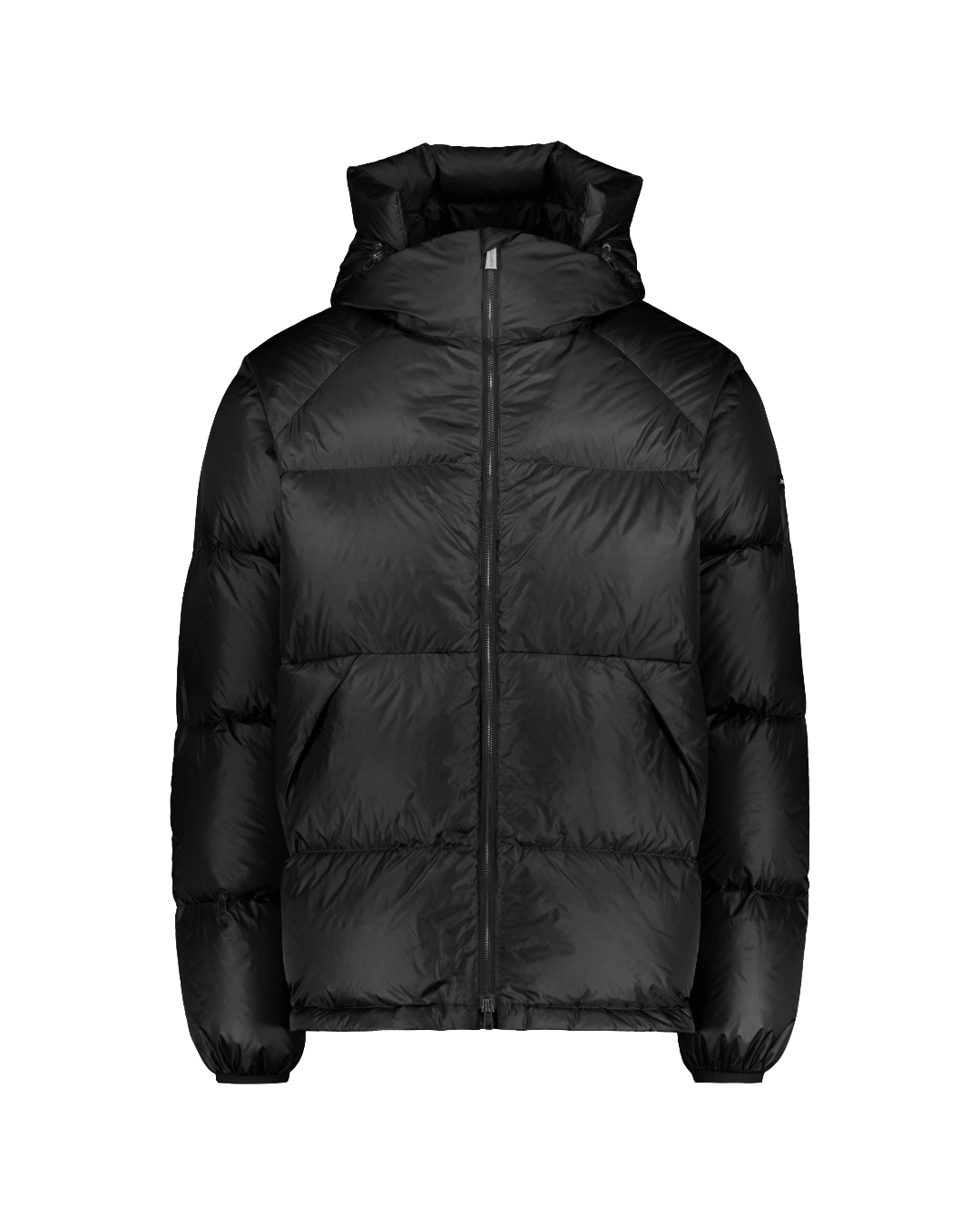 A black Huurre down coat is a short model with wide horizontal quilting, a front zipper, and hood with drawstrings.