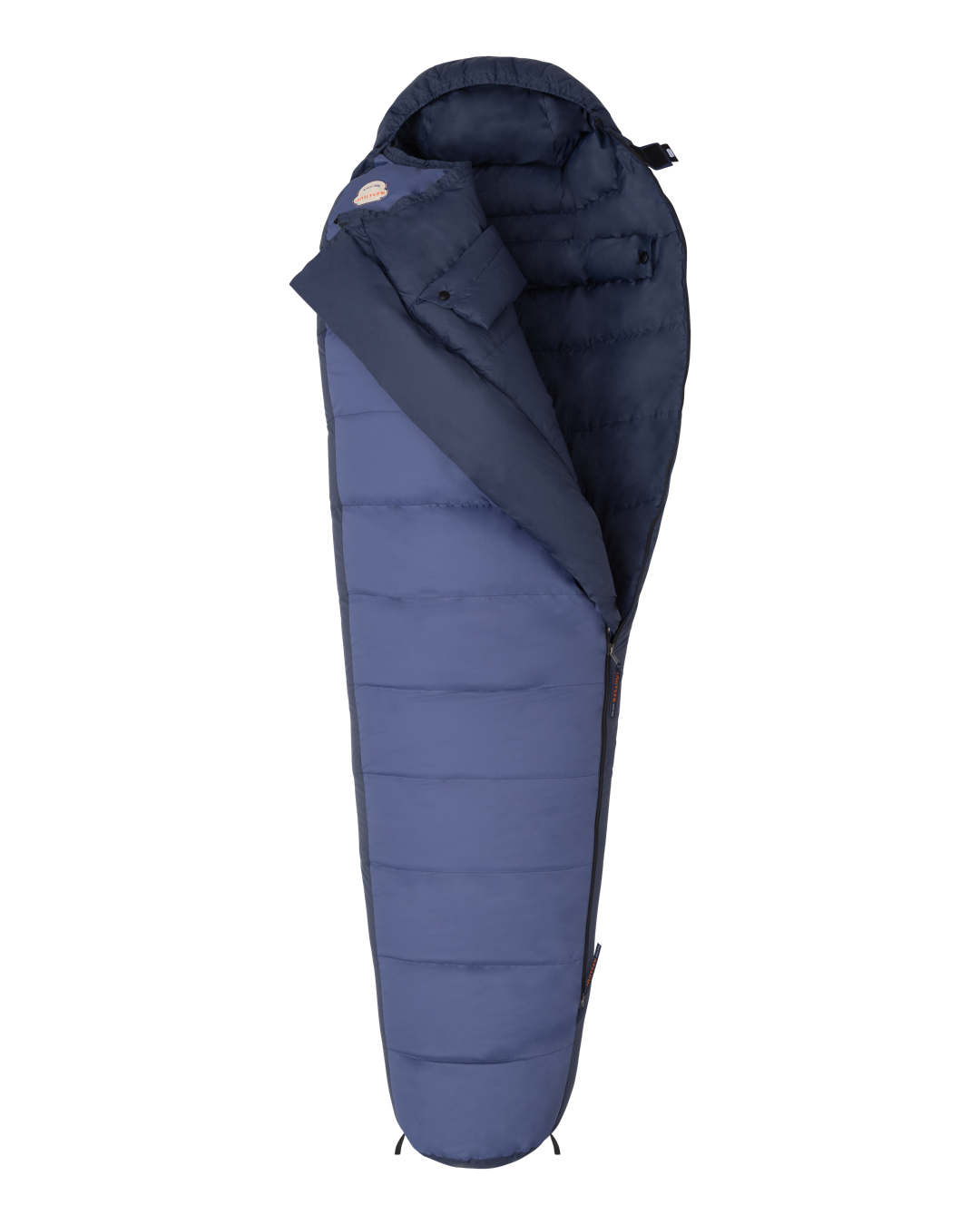 Blue sleeping bag with a zipper slightly open