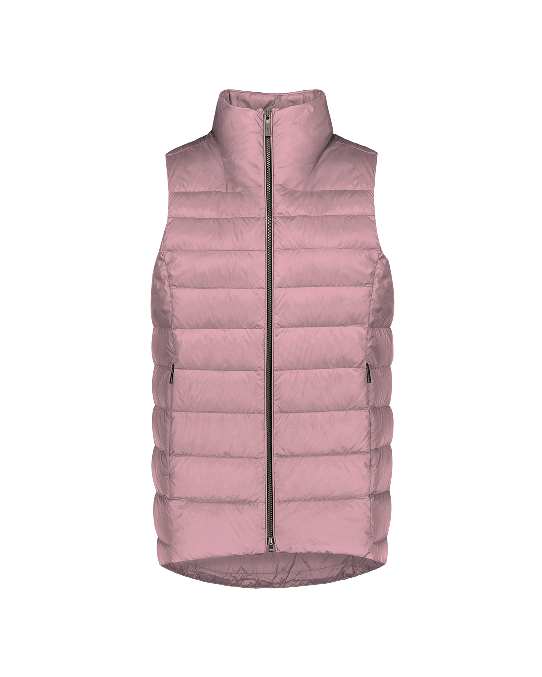 Light pink (color: Wildflower) Lady down vest for women with horizontal quilting, a high stand-up collar, and zippered side pockets. The model is slightly longer at the back.