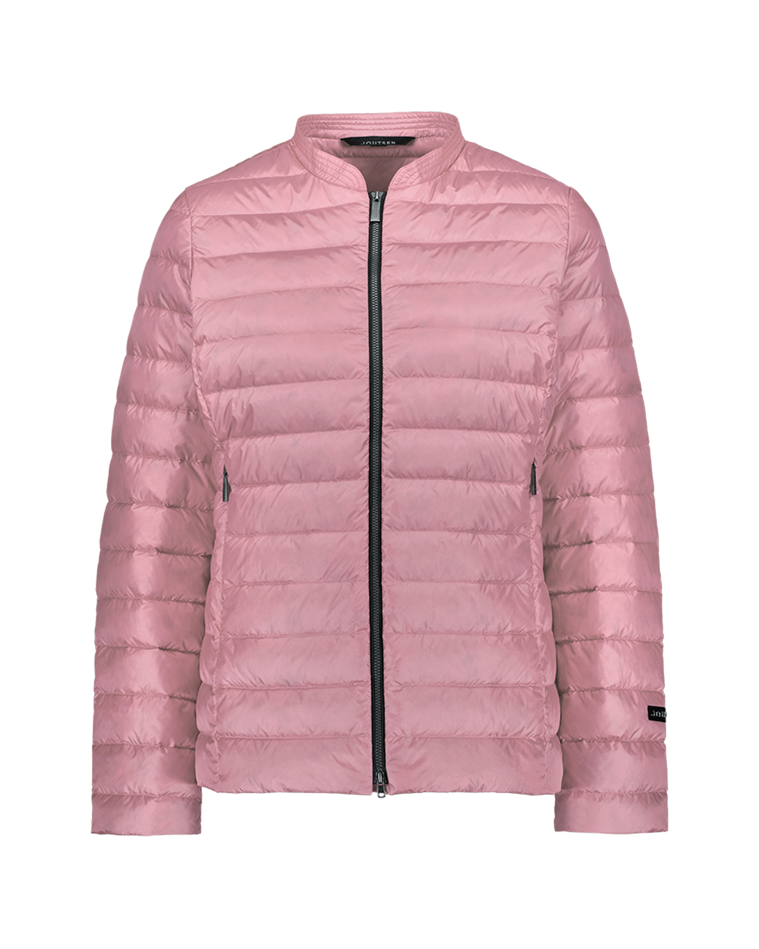 The pink Maana light down coat (color: Wildflower) is a short, minimalist style with horizontal quilting and a light glossy finish. The coat features a zipper closure and a round neckline without a collar.