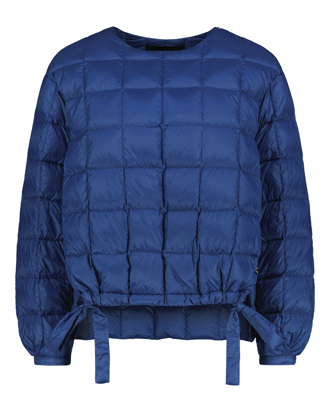 Blue down shirt with tied sleeves on a white background