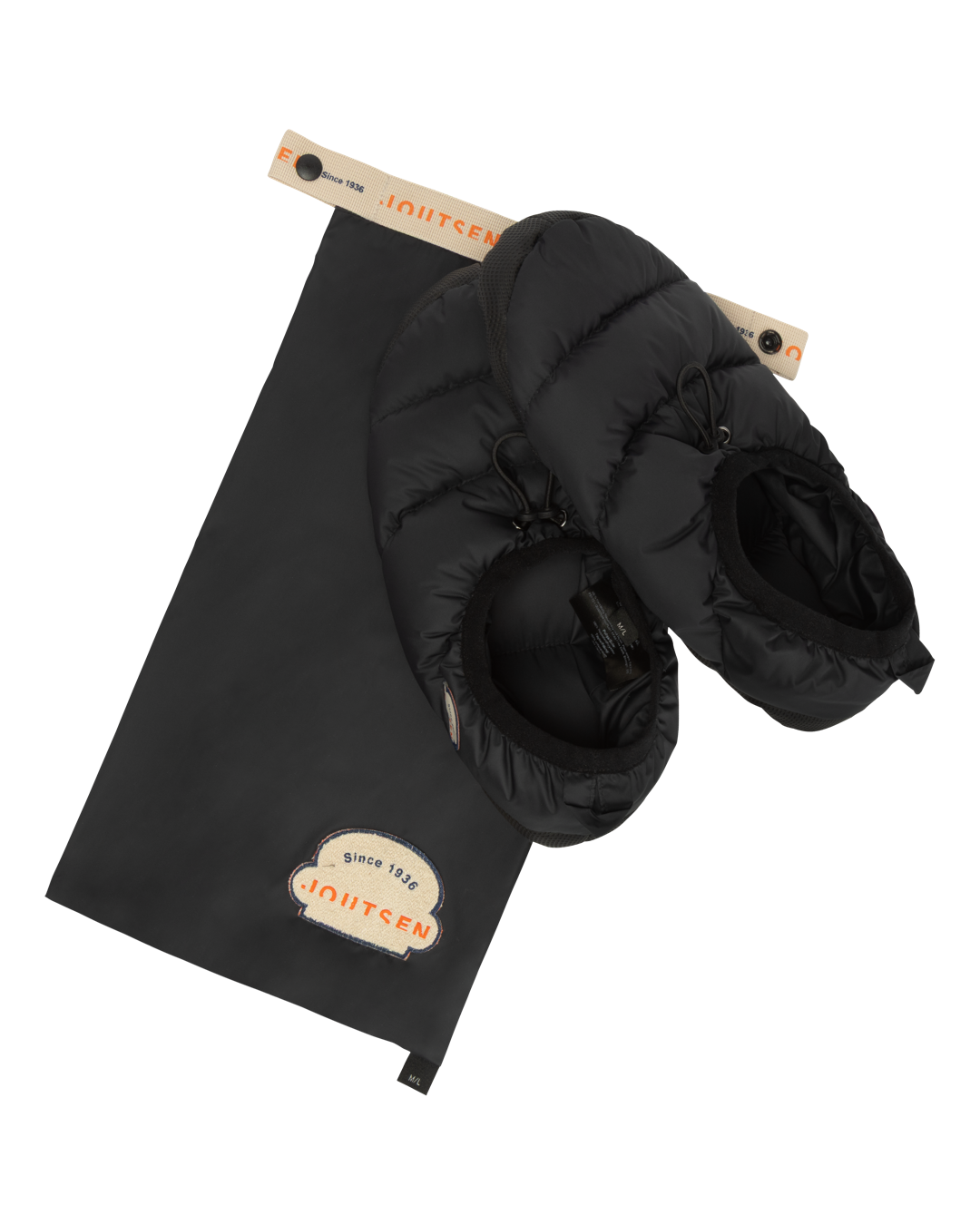 Black Metka down slippers with a drawstring and a packaging bag.