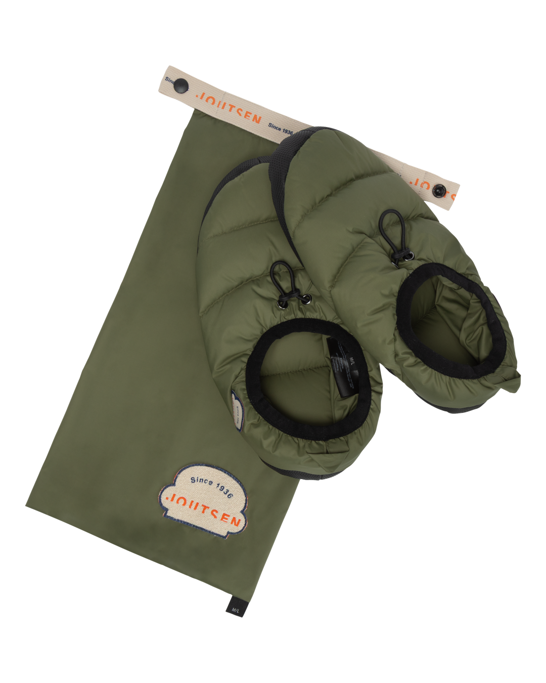 Green Metka down slippers with a drawstring and a packaging bag.