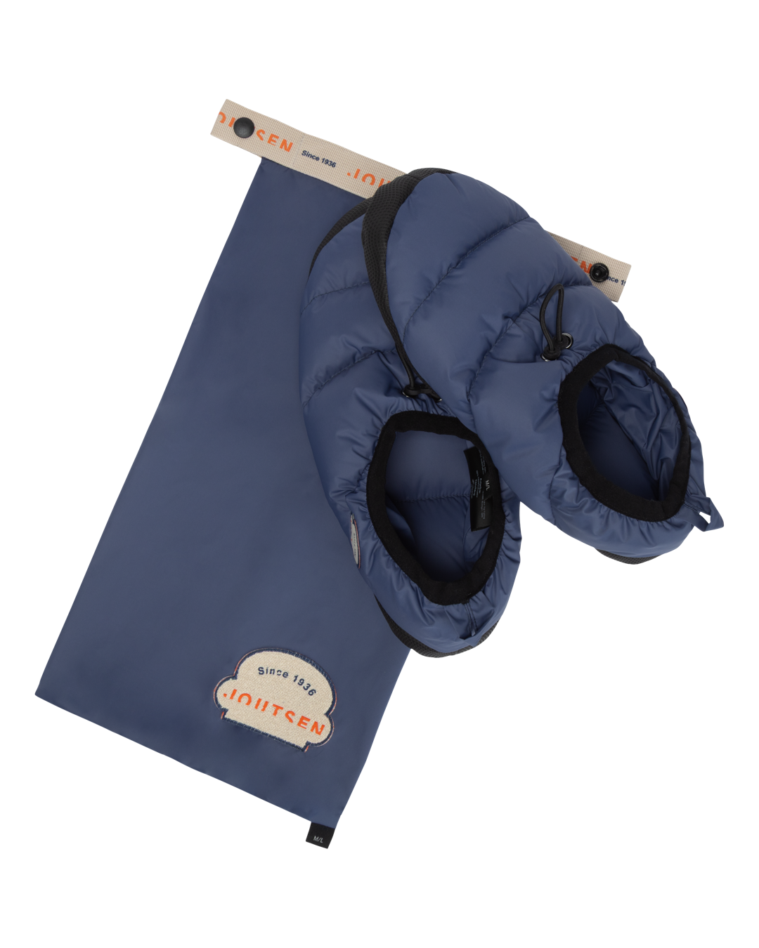 Blue Metka down slippers with a drawstring and a packaging bag.