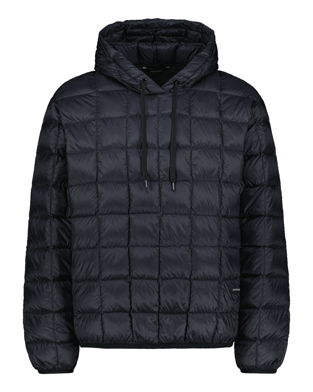 Black down hoodie on a white background