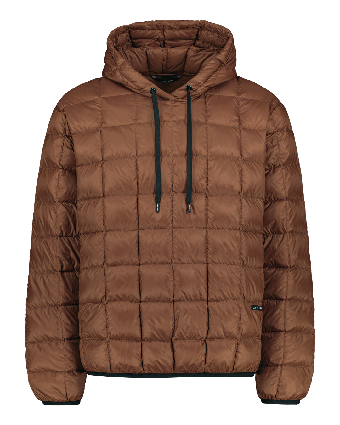 Brown down hoodie on a white background.