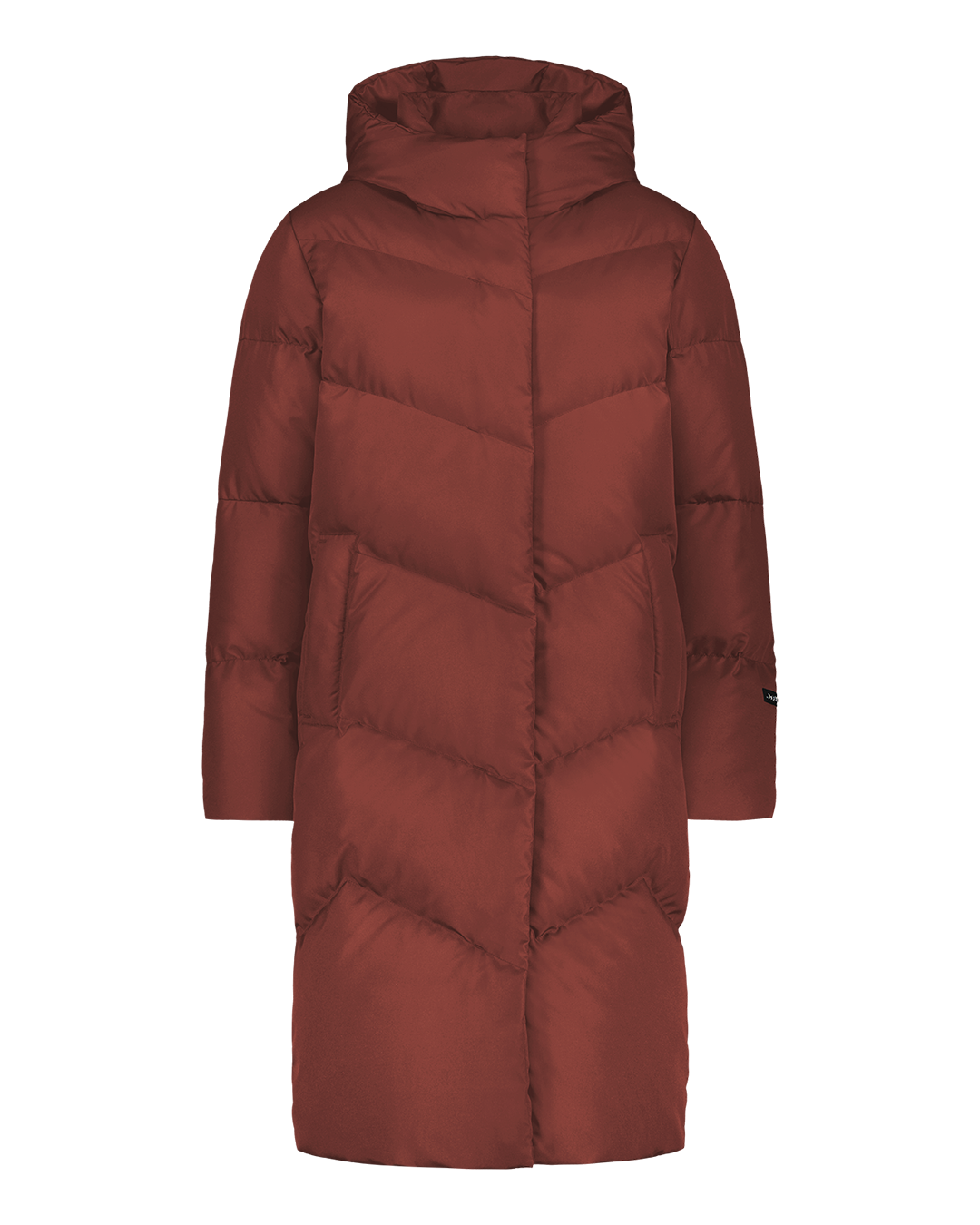 Red, long Reina down coat (color: Fired brick) with a hood and diagonal quilted pattern. Full-length zipper at the front. The coat is photographed without a model.