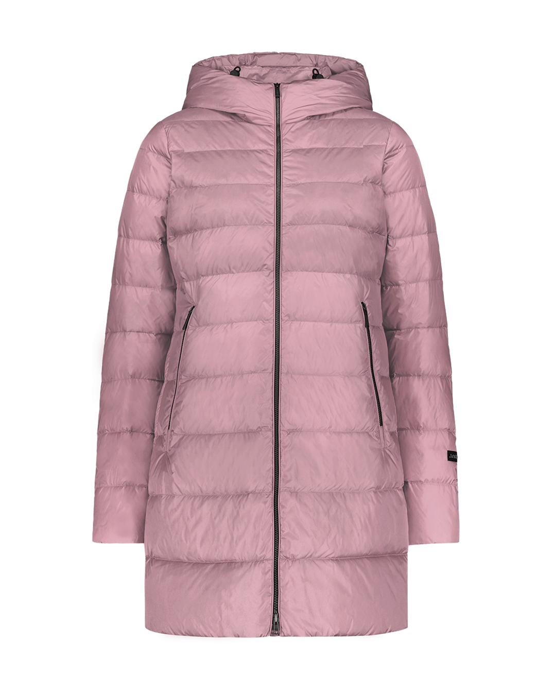 The pink, mid-thigh length Ruut light down coat (color: Wildflower) features horizontal quilting, a hood, and zippered pockets. The coat is photographed from the front without a model or background.