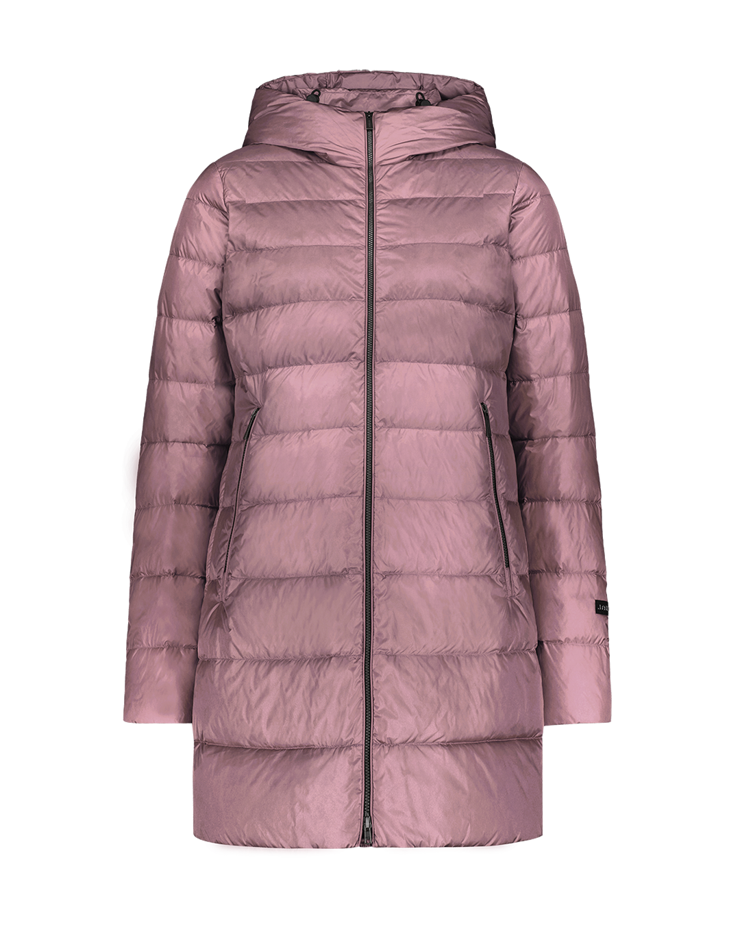 The light purple, mid-thigh length Ruut light down coat (color: Dusky Orchid) features horizontal quilting, a hood, and zippered pockets. The coat is photographed from the front without a model or background.