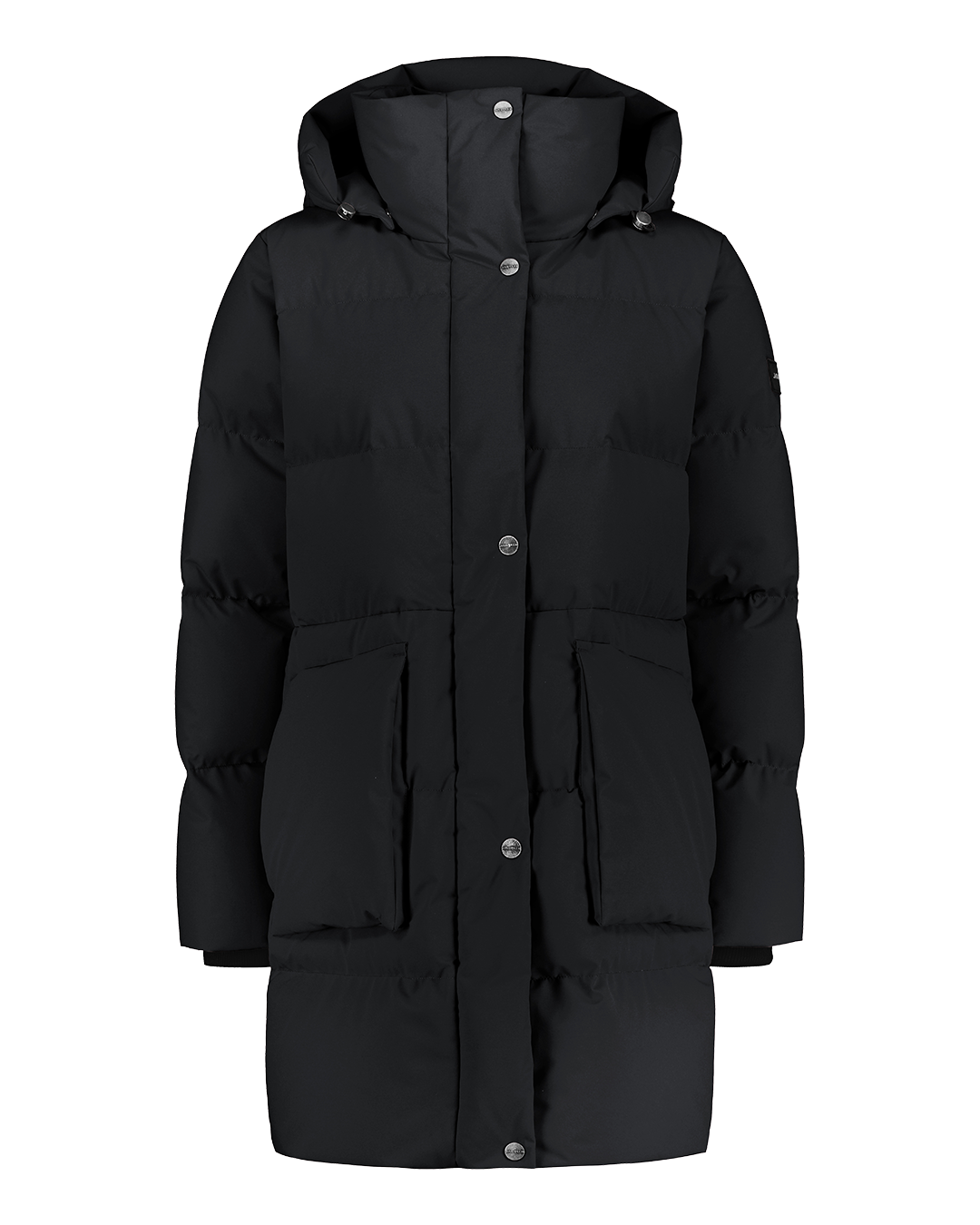 Long Siiri down parka coat in black (color: jet black). The coat features a large hood, spacious front pockets, and both button and zipper closure.