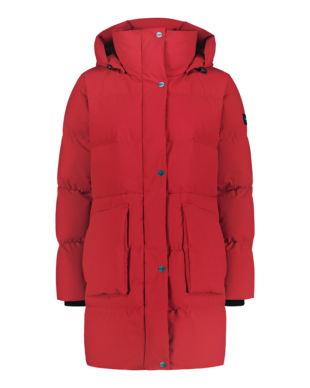 Long Siiri down parka coat in red (color: chili pepper). The coat features a large hood, spacious front pockets, and both button and zipper closure.