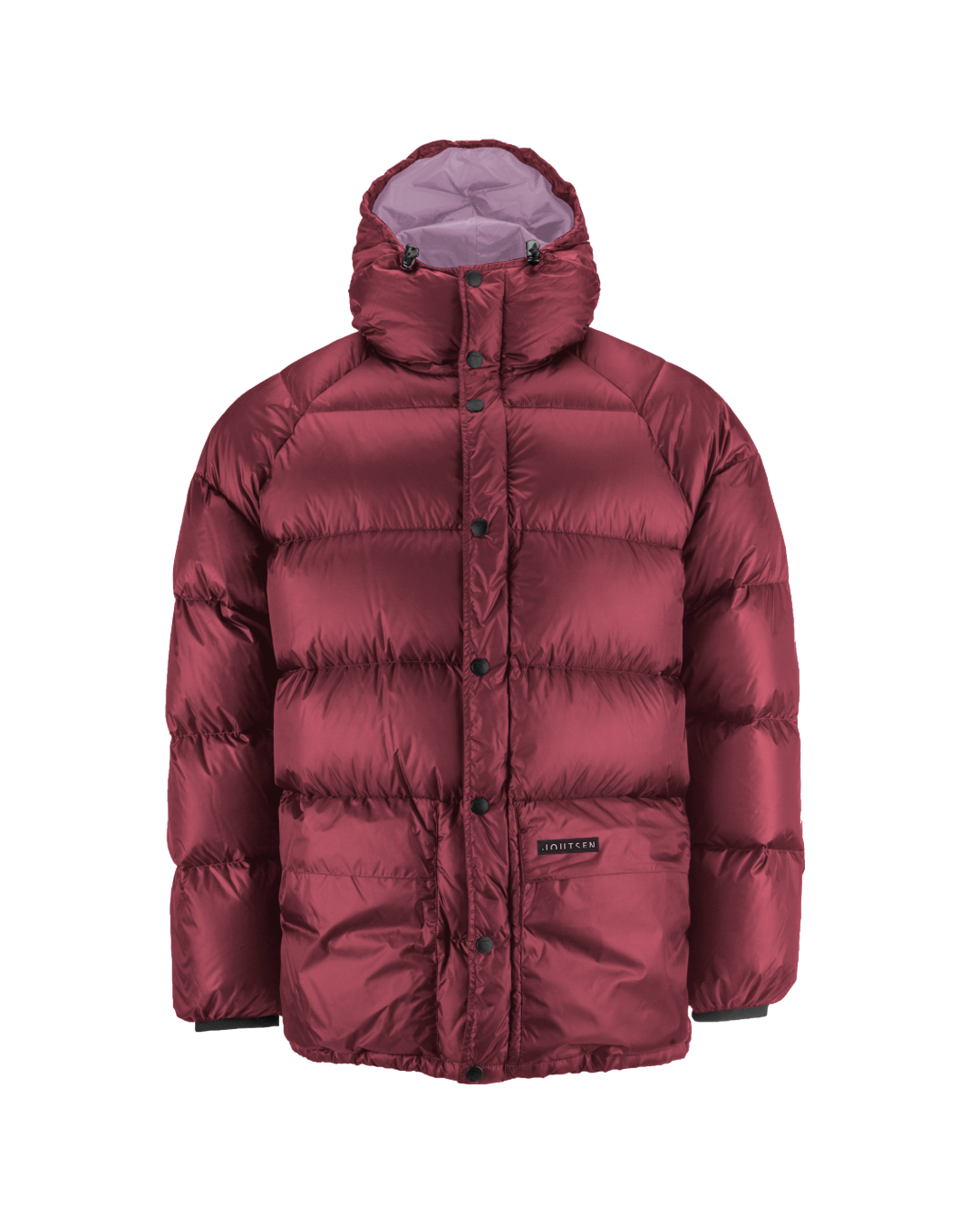 Red (color: Red wine) and light purple (color: Dusky orchid) Tauko Limited Edition down coat is a short, thickly padded model with wide horizontal quilting, a snap-button front placket, and a hood with drawstrings.