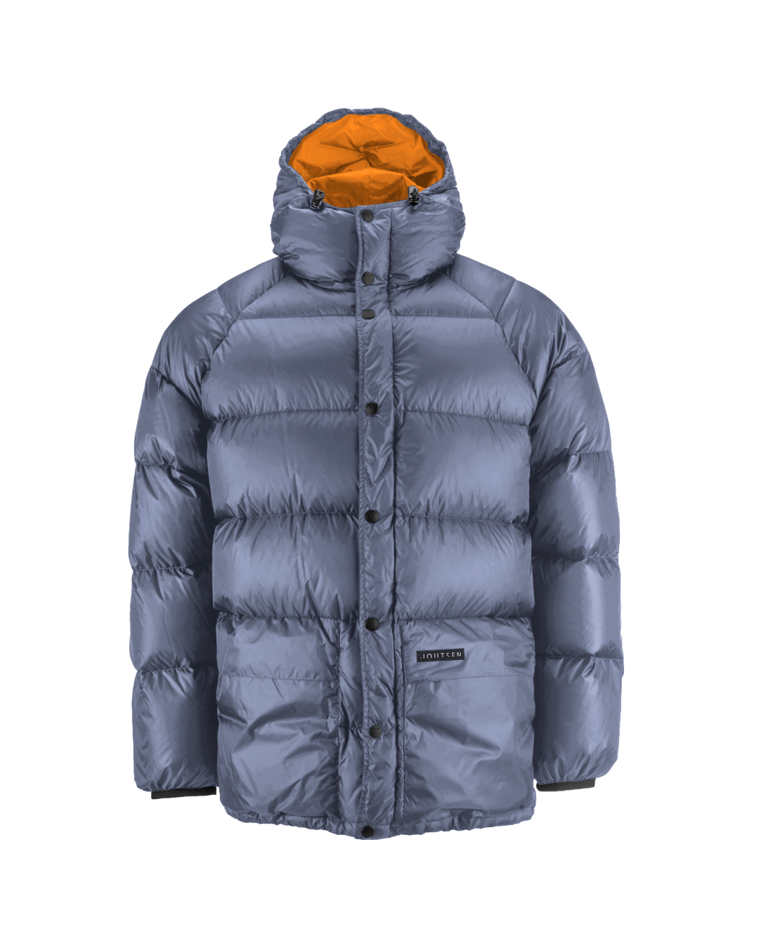 Blue (color: Storm) and orange (color: Amber) Tauko Limited Edition down coat is a short, thickly padded model with wide horizontal quilting, a snap-button front placket, and a hood with drawstrings.