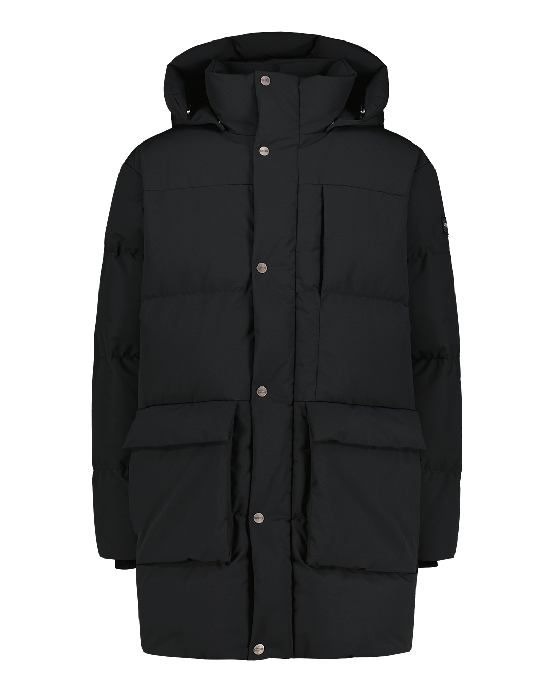 A long, black (color: jet black) Tuisku down parka coat featuring a high collar, a large adjustable hood, a two-way zipper, and a wind flap with snap button closure. At the front, there are large flap pockets, and on the sleeve, a small logo patch.