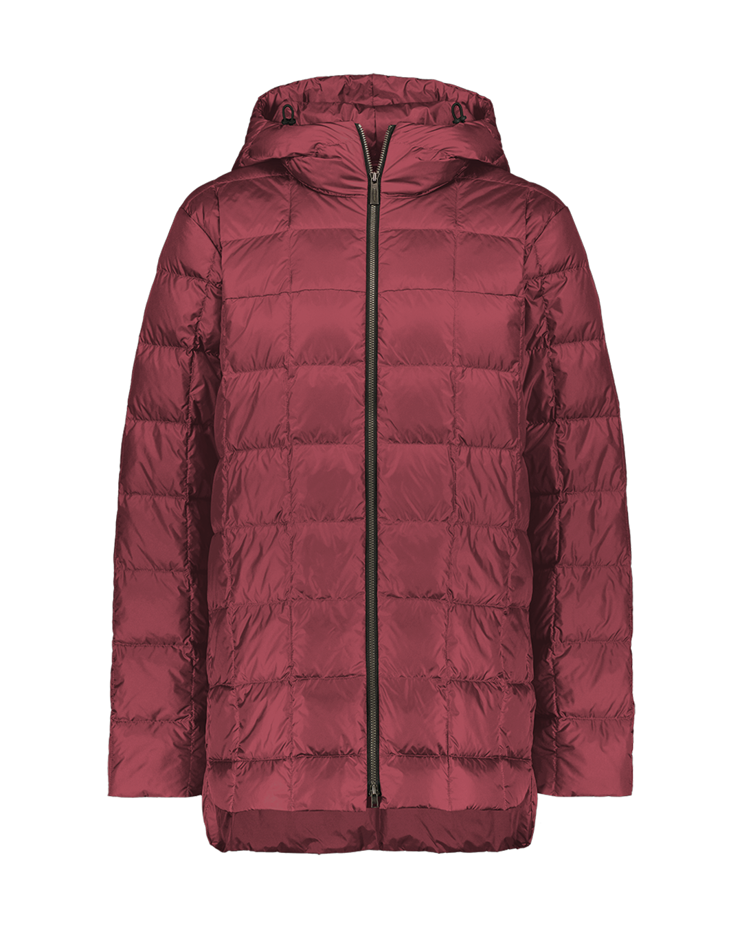 Burgundy (color: Red wine) Tulppaani light down coat for women with square quilting, a zipper closure, and a hood with drawstrings. 