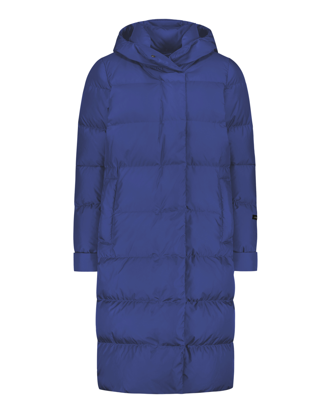 A blue, (color: Indigo) long, straight-cut Ulrika down coat with a hood, horizontal quilting, and a concealed front zipper. The sleeves have wide cuffs, and there are discreet pockets on the sides.