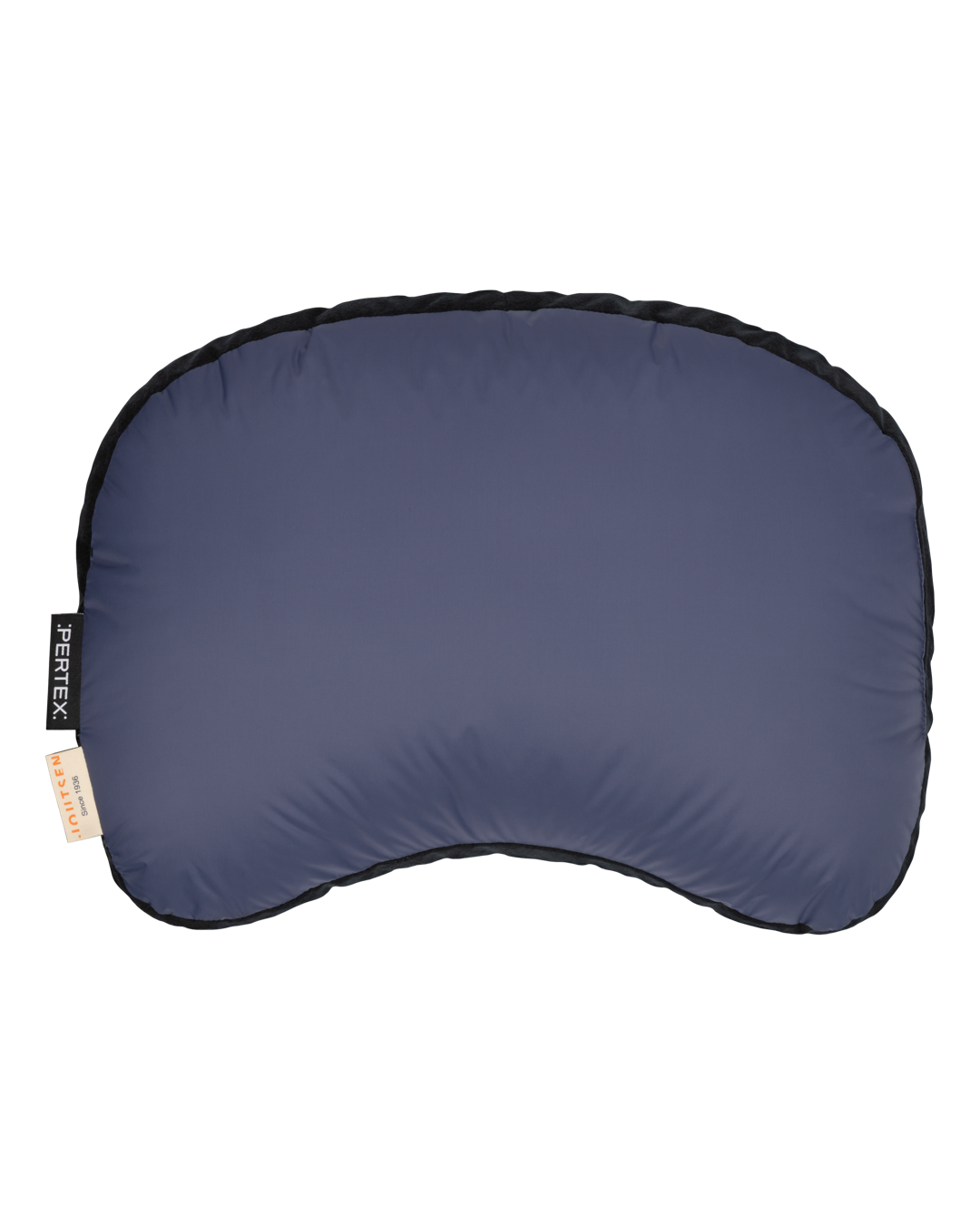 Blue camping pillow with a brand tag.
