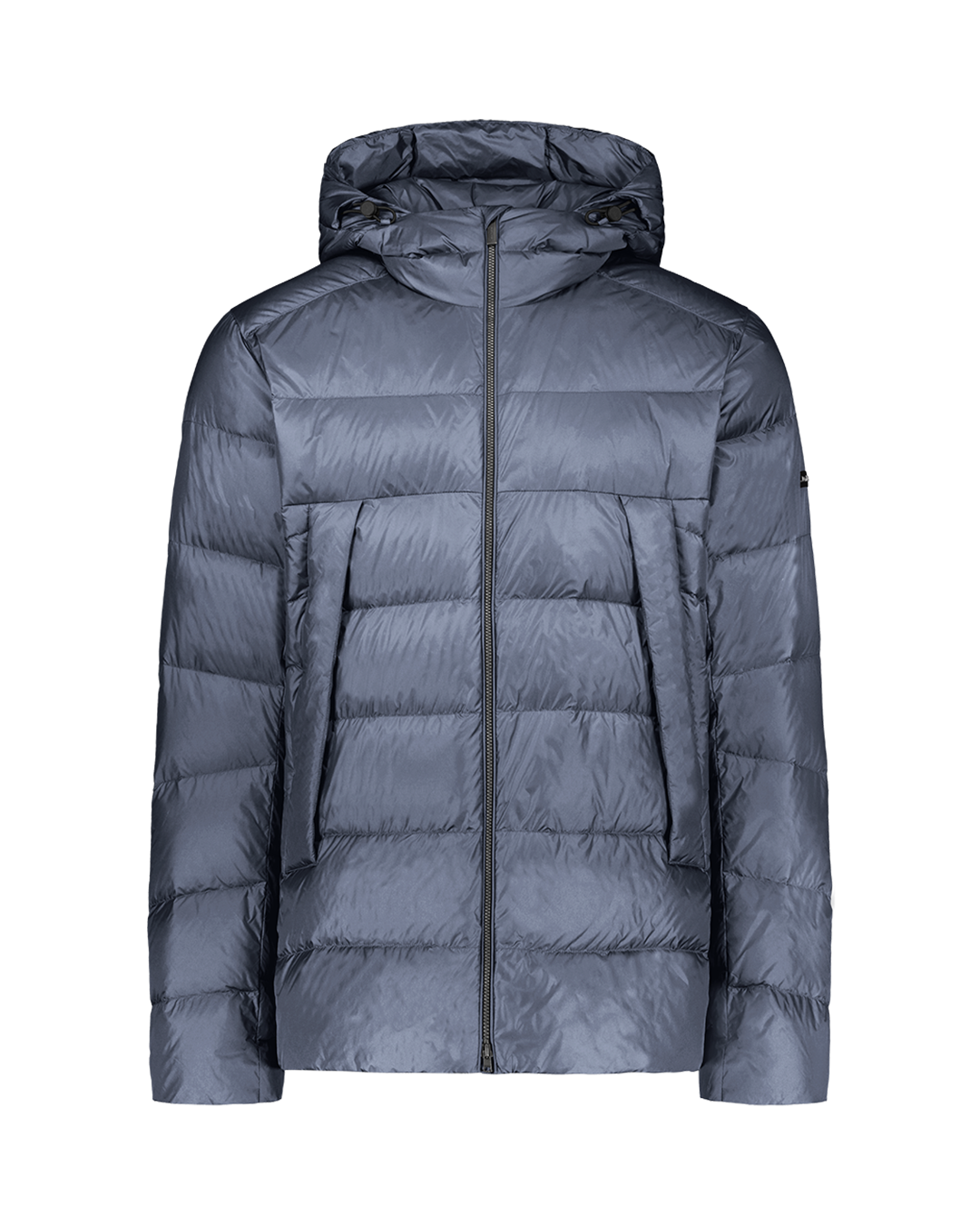 Blue (color: Storm) Valto light down coat for men with a hood featuring horizontal quilting, a zipper closure, and large front pockets.