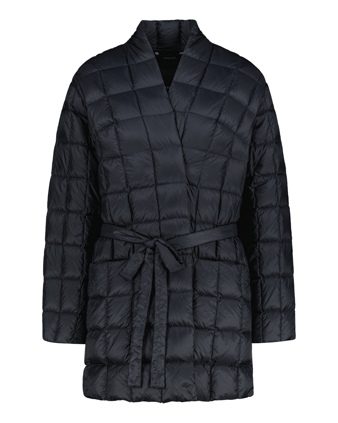 Black quilted down jacket with a belt on a white background