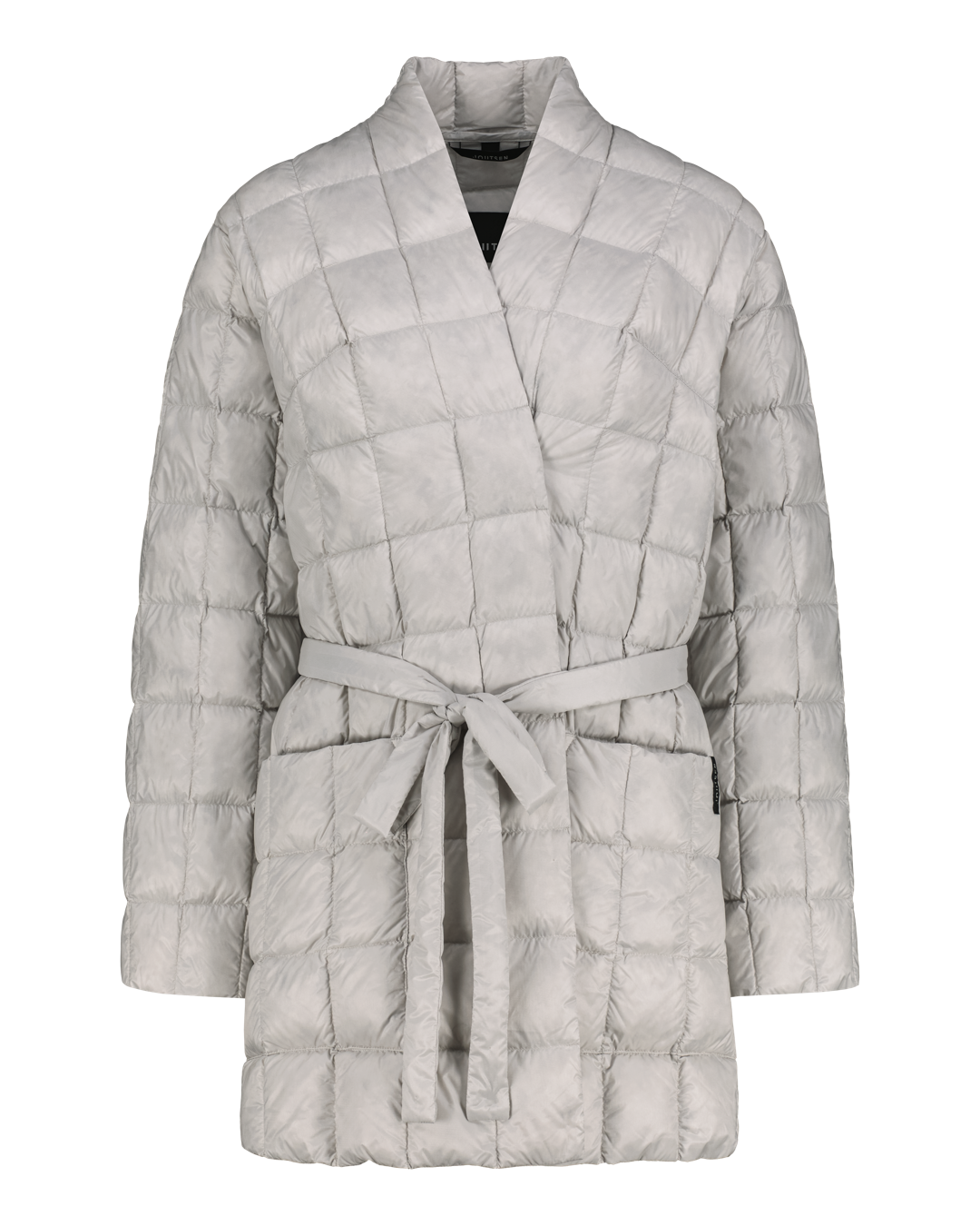 Quilted down jacket with a belt on a white background