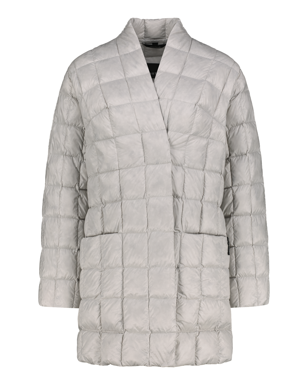 Light gray quilted down jacket on a white background