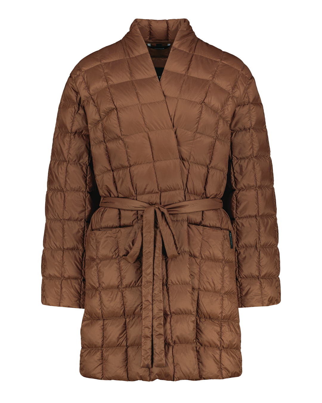 Brown quilted down jacket with a belt on a white background